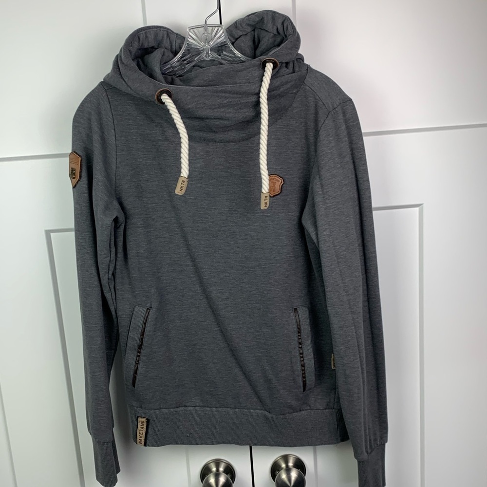 Naketano MEDIUM Brave New World Womens Gray Sweatshirt Hoodie Cowl Neck Pullover